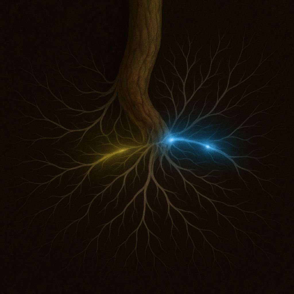 Illustration of a tree root meeting fungal threads, with sparks of exchange between them.