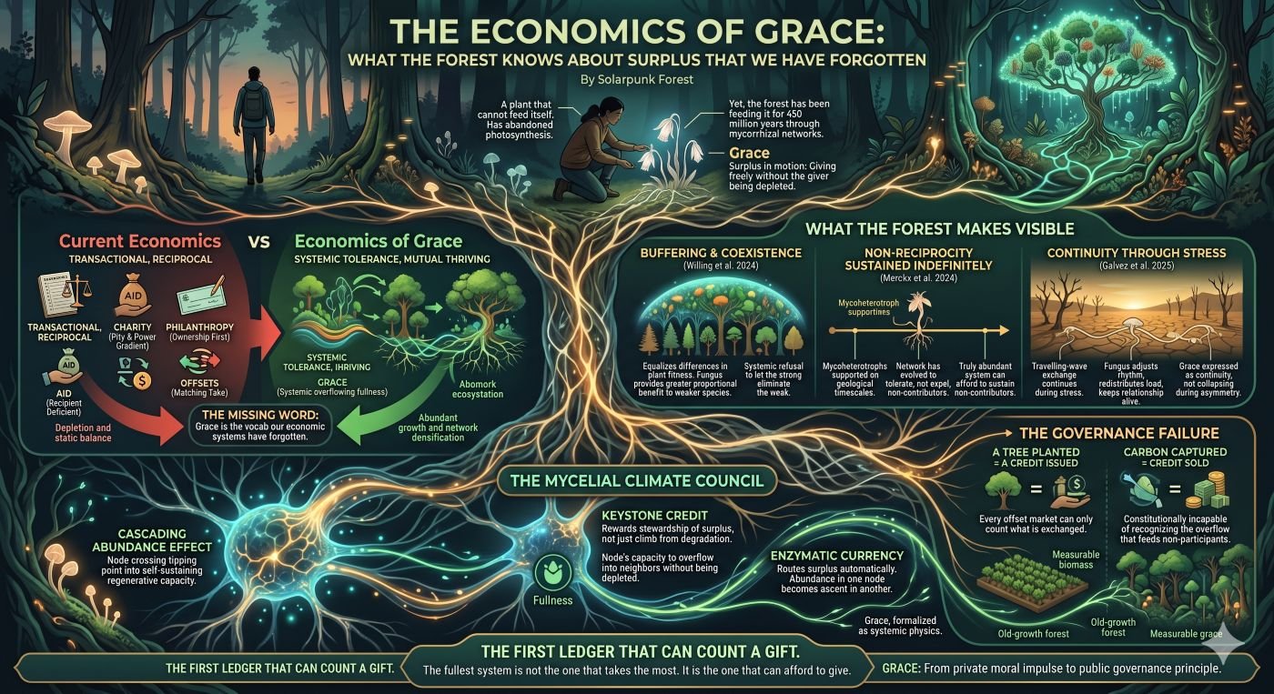 Illustrated infographic: The Economics of Grace, what the forest knows about surplus.